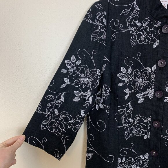 JM Collection Womens Linen Jacket 8 Petite NEW Black Floral Embroidered Shacket - Picture 7 of 15